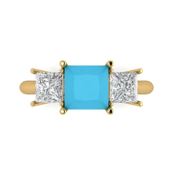 2.5 ct Princess Cut Simulated Turquoise 3 Stone 18K Yellow Gold Womens Engagement Ring