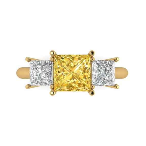 2.5 ct Princess Cut Simulated Yellow Diamond Three-Stone Engagement Ring for Women in 14K Yellow Gold