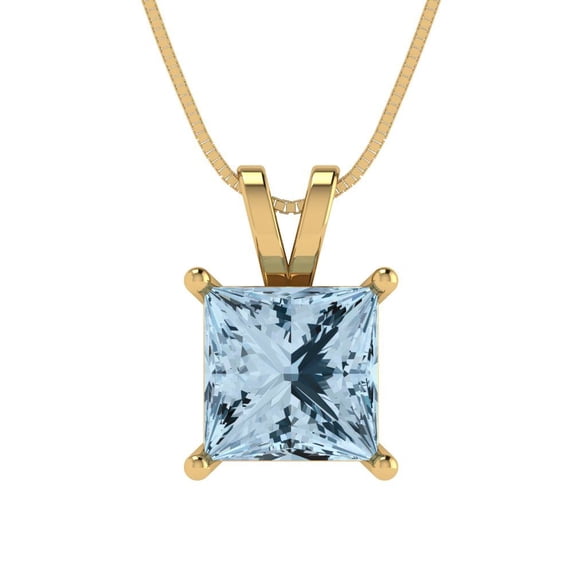 2.5 ct princess cut blue Crystal 14k yellow hypoallergenic Solid gold Designer Everyday Affordable Dainty Necklace Pendant + 16" hypoallergenic Solid gold chain