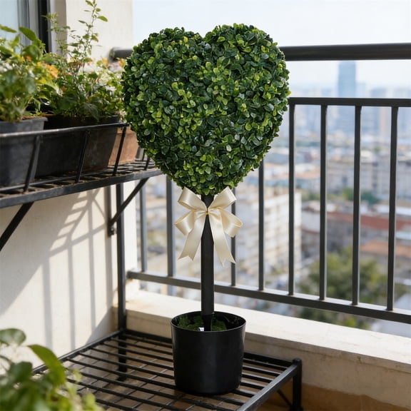 2.5 ft Boxwood Heart Topiary Outdoor,Valentine's Day Heart Shaped Topiary Trees, Artificial Decorations Ball Planter Pots with Bow Tie, Faux Fake Mini Greenery Indoor Porch Home Decor