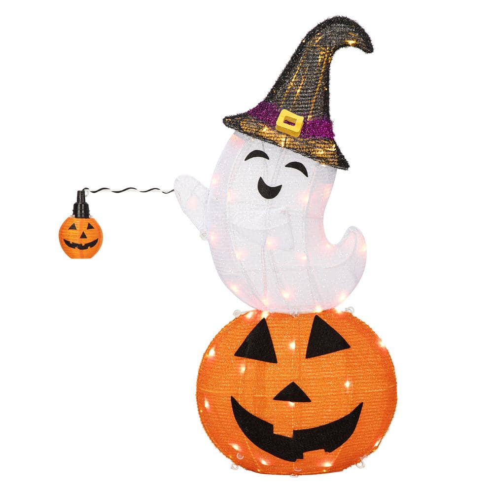 2.5 ft. Height LED Lighted Halloween Collapsible Metal Ghost on Pumpkin ...