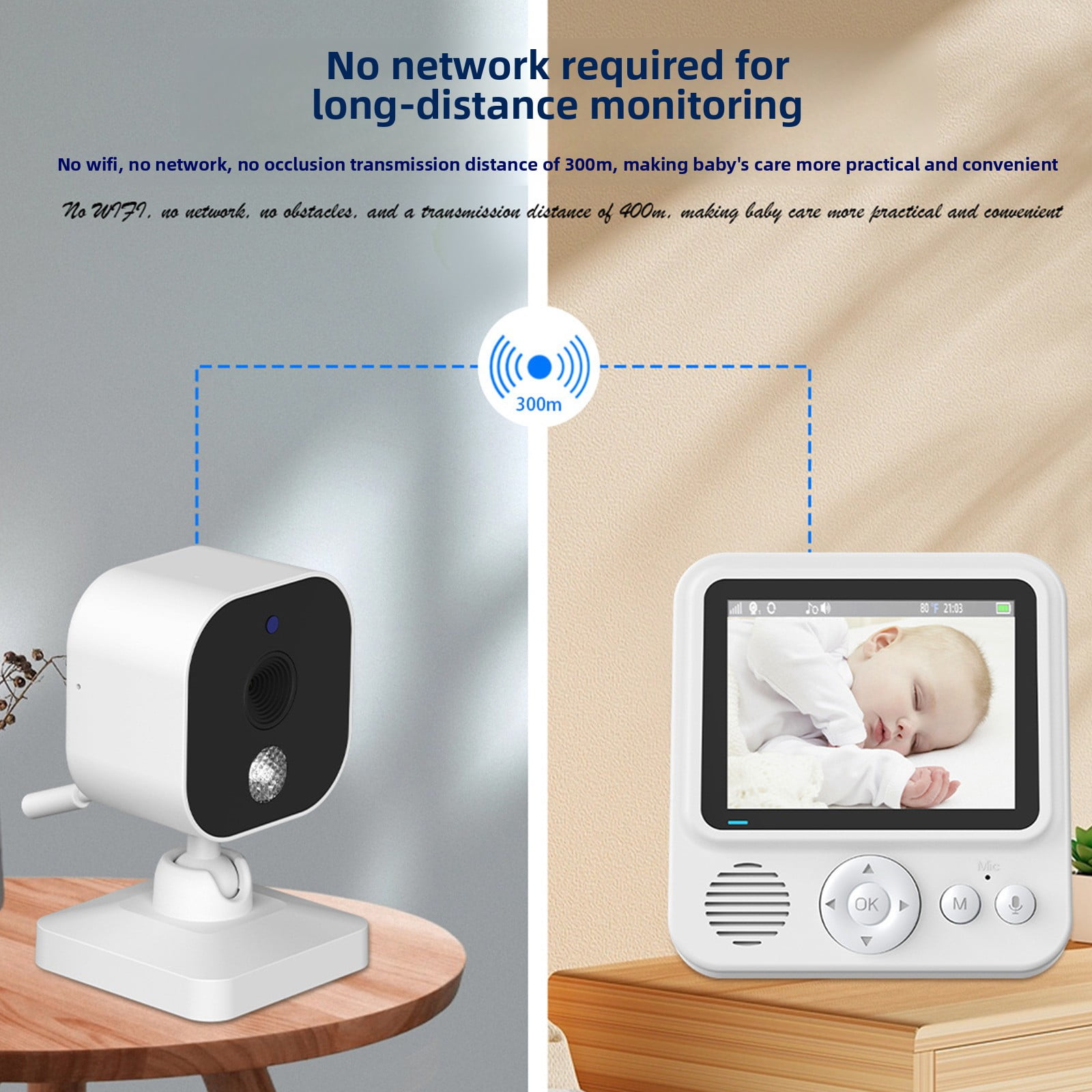 2.5-inch video monitor, 720P high-definition image quality, 1500 mAh large battery, wireless with screen and language intercom, sleep music soothing, sleep and real-time temperature monitoring