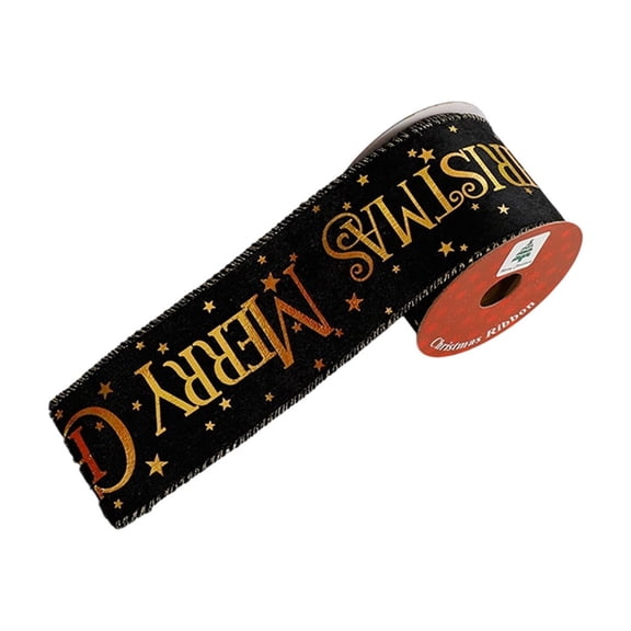 2.5 inch x 3 Yards Christmas Ribbon Roll, Black Wired Ribbons with Gold Letters Trim for Xmas Tree Decor & Gift Wrapping