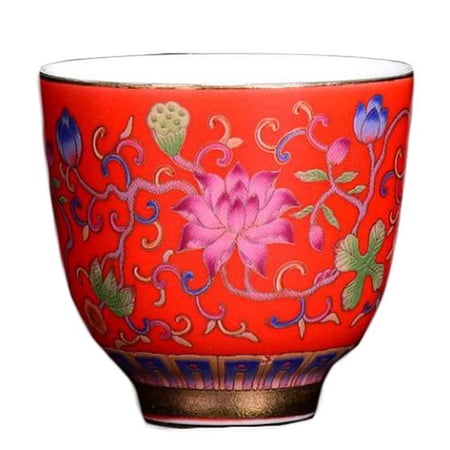 2.5 oz Red Handmade Enamel Painted Porcelain Kungfu Chinese Wine & Tea Cup