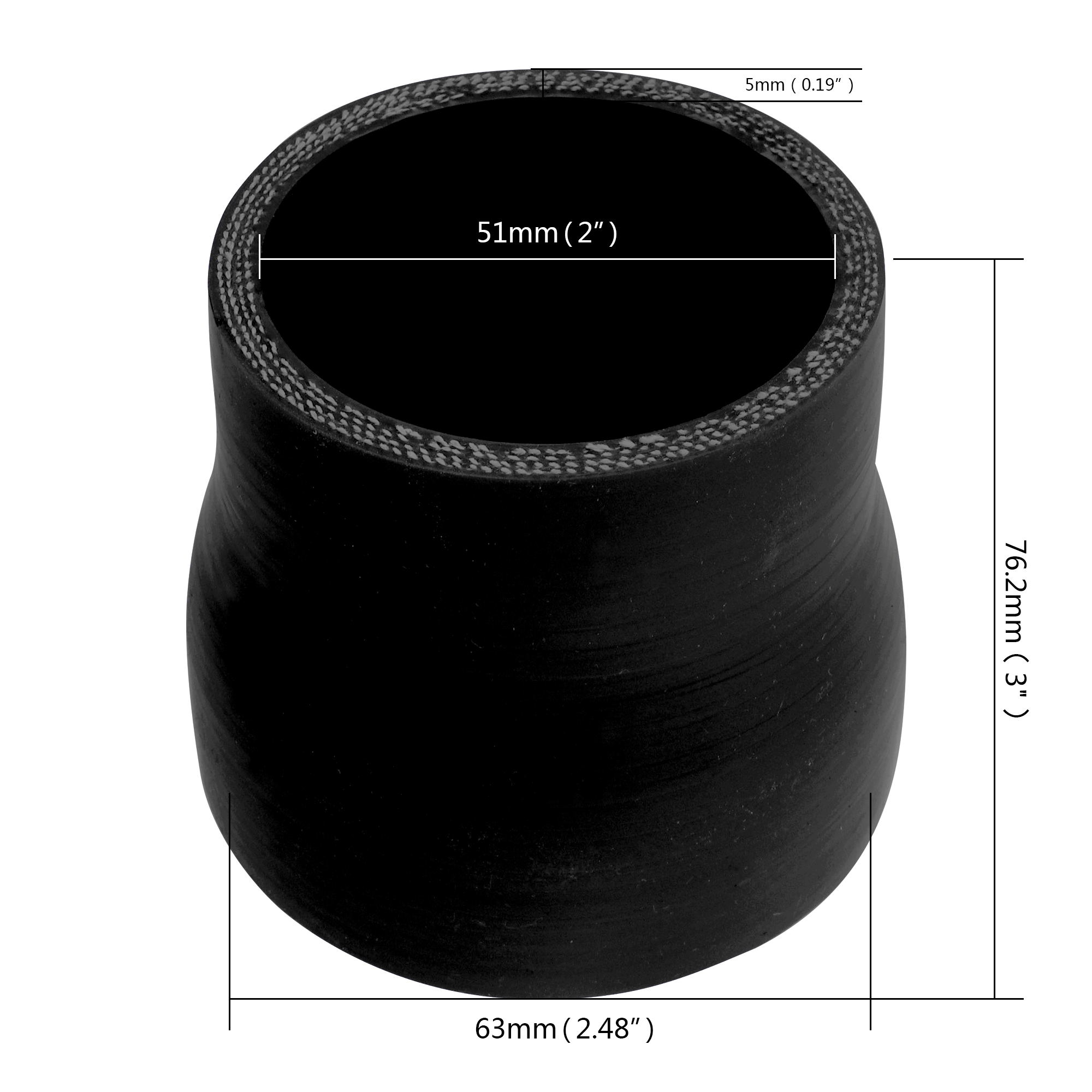 2.5" to 2" (63mm to 51mm) Reducer Hose 3" Long 5mm Thick 4-Ply Coupler for Auto