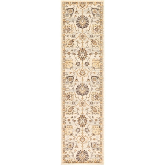 2.5' x 10' Ivory and Brown Bohemian Floral Rectangular Rug Runner