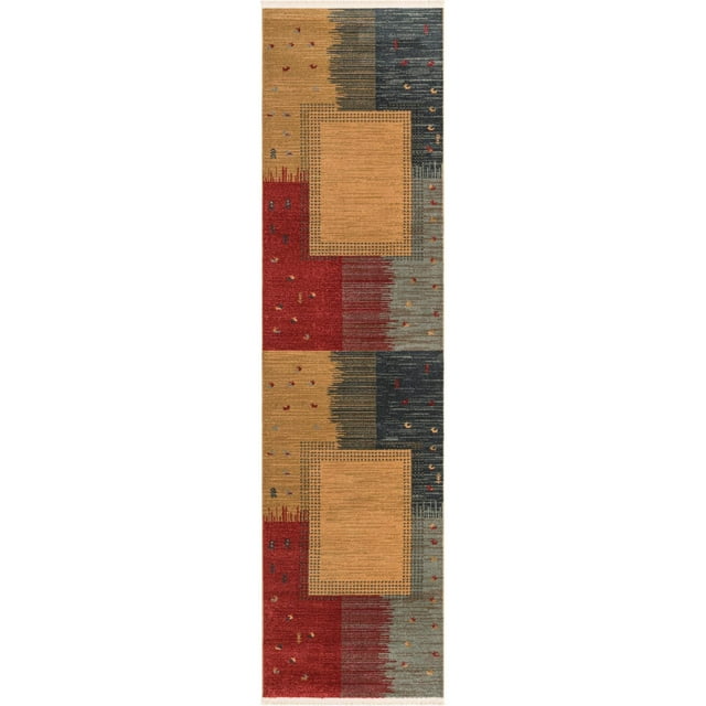 2.5' x 10' Tan Brown and Blue Mid Century Geometric Rectangular Rug Runner