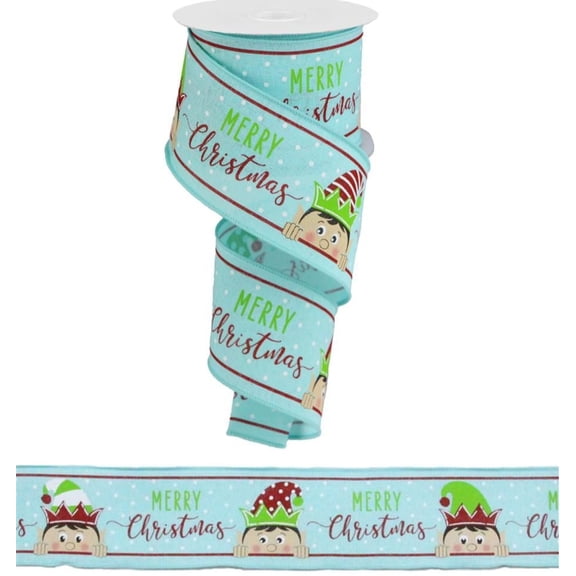 2.5" x 10 yards, Peeking Elf (Ice Blue) Wired Ribbon