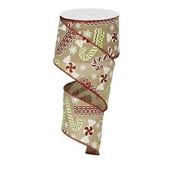 2.5" x 10 yd Candy Christmas Wired Edge Ribbon (Light Beige)