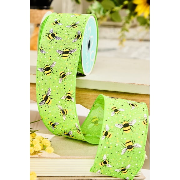 2.5" x 10 yd Green Wired Ribbon with Bees and Speckles