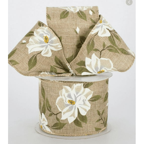 2.5" x 10 yd Magnolia Print on Natural Wired Edge RibbonX835740-15