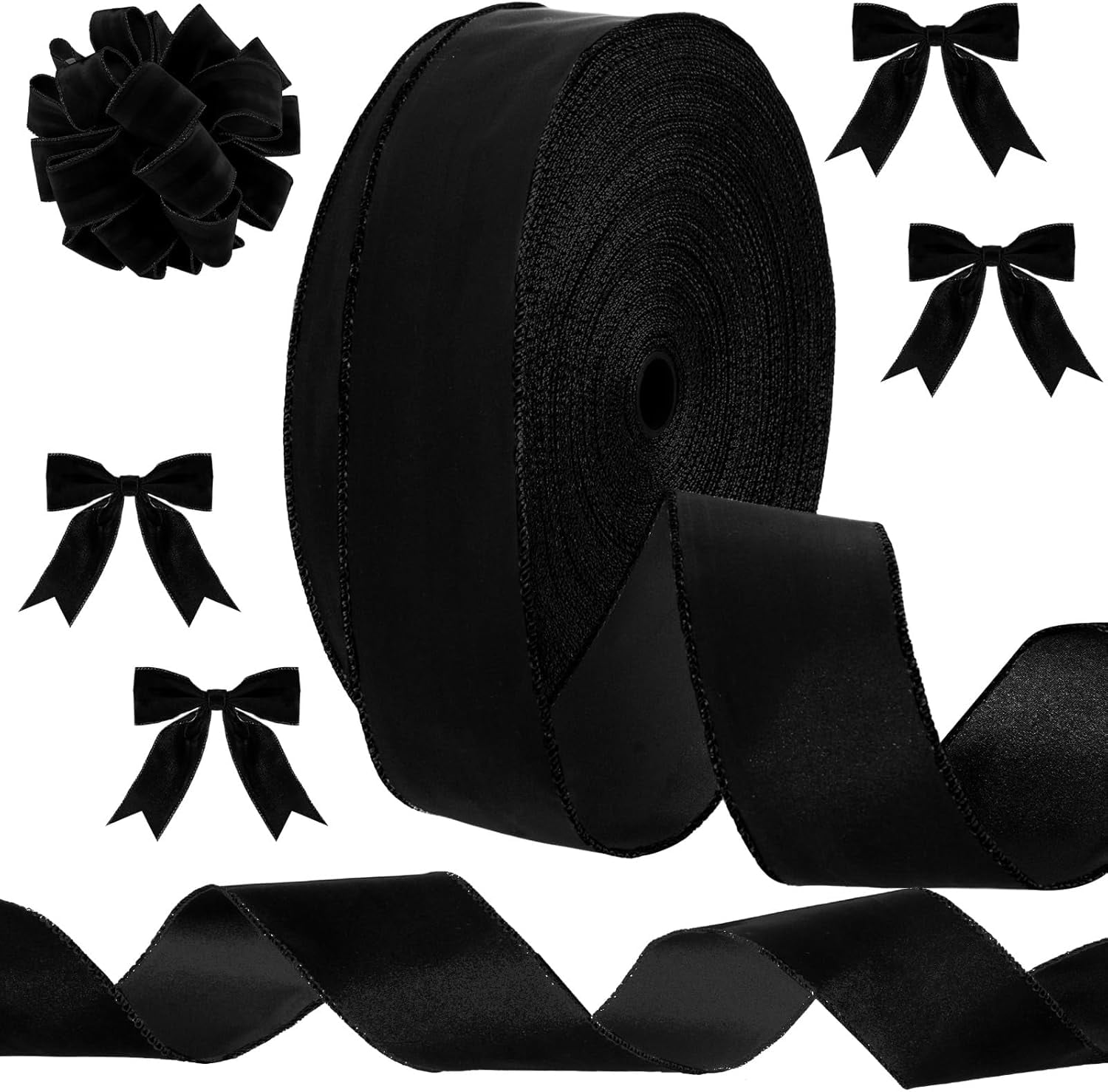 2.5'' x 100 Yards Black Christmas Velvet Ribbon Wide Wired Outdoor Xmas Ribbon Waterproof Wrapping Velvet Decoration for Xmas Wreath Bows Floral Craft Decor