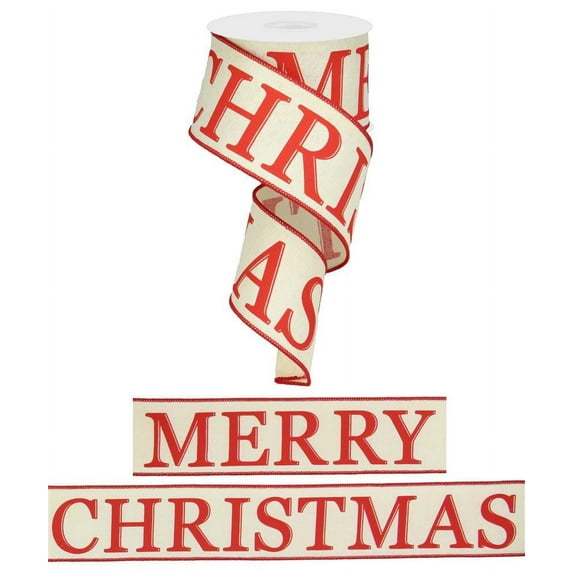 2.5" x 10yd Merry Christmas On Royal, Red print on Natural, wired edge ribbonRGA1160C2