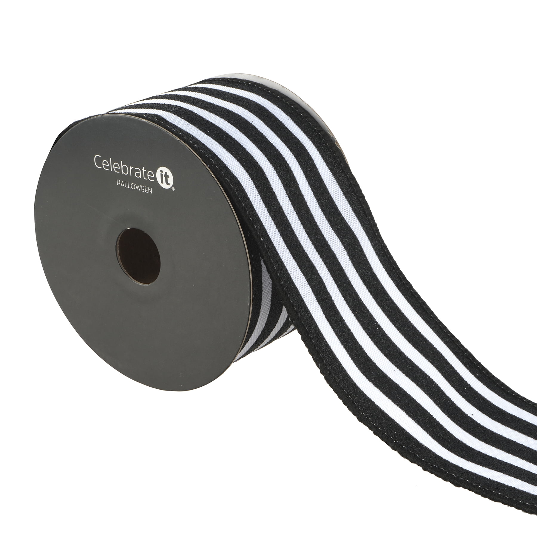 2.5" x 20ft. Black & White Stripes Wired Ribbon by Celebrate It Halloween - Halloween Ribbon for Crafting and Home Decor