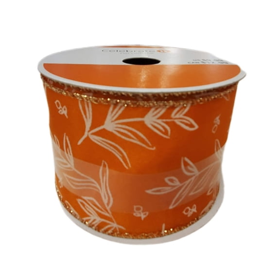 Wired Ribbon Celebrate It 2.5 in X 20 Feet Orange with White Foliage Fall