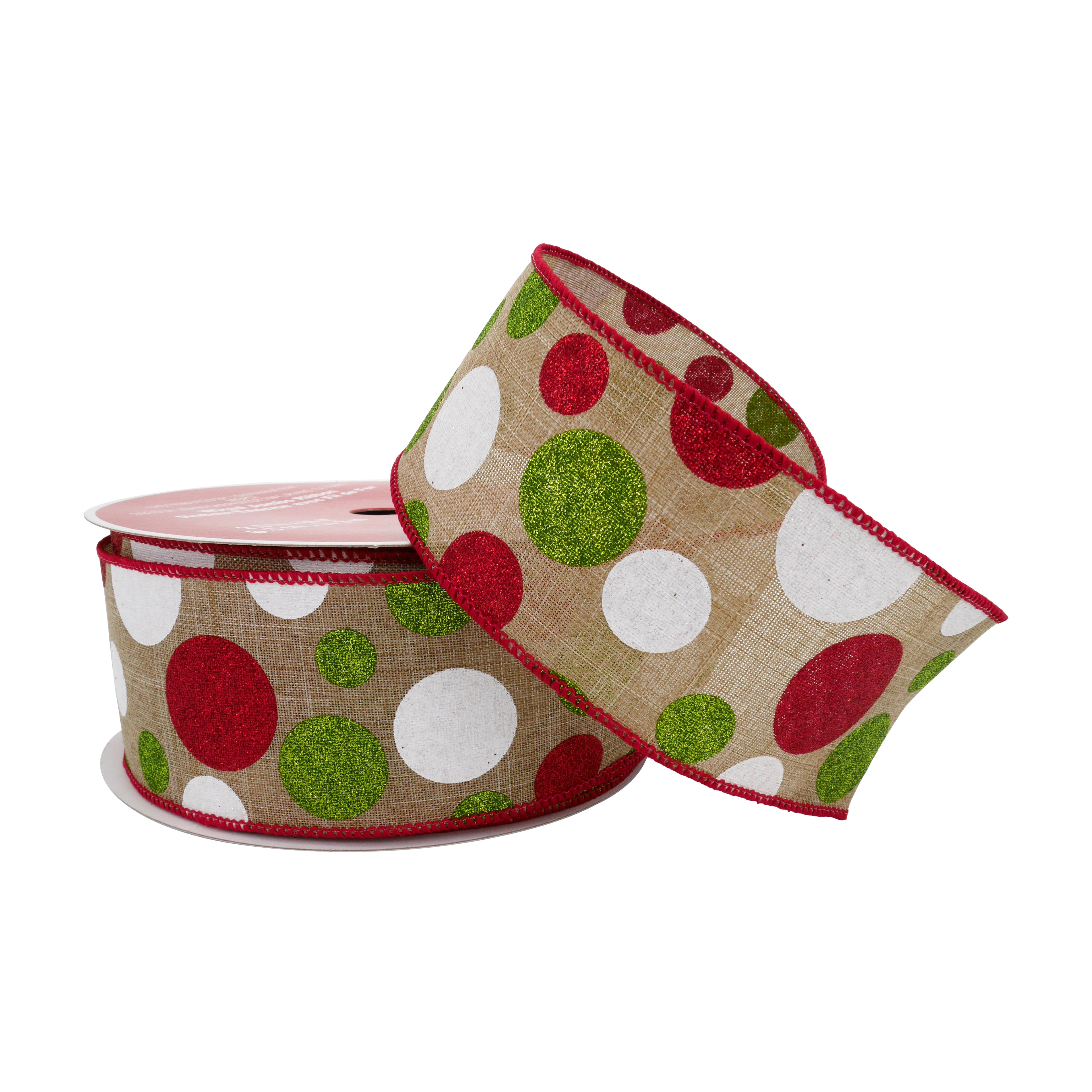 2.5" x 26.6yd. Green, Red & White Polka Dot Faux Linen Wired Ribbon by Celebrate It® Christmas - Christmas Ribbon for Home Decor and Crafting