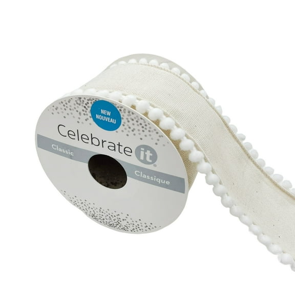 Celebrate It 2.5" x 2yd. Faux Burlap with Pom Pom Trim Ribbon - White & Natural, Sewn Selvedge, Polyester - Ideal for Gift Wrapping, Baskets & Decor, 12 Pack