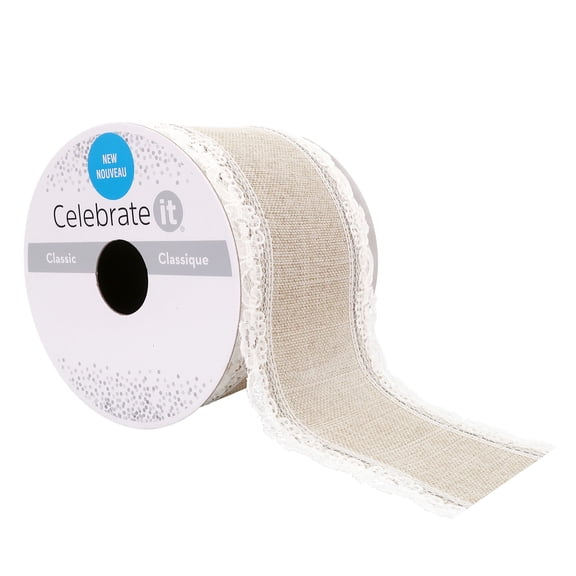 2.5" x 3yd. Faux Linen & Lace Wired Ribbon by Celebrate It  Natural - Sonic Welded Selvage - Polyester & Nylon  Ideal for Gift Wrapping - Baskets & Rustic Decor - 12 Pack