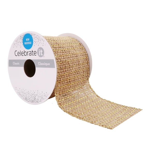 2.5" x 3yd. Metallic Jute Wired Ribbon by Celebrate It Natural with Metallic Thread - Wired Edge with Sewn Selvage Ideal for Wreaths - Gift Wrapping & Rustic Decor - 12 Pack