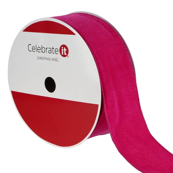 2.5" x 80ft. Pink Flocked Wired Ribbon by Celebrate It Christmas - Christmas Ribbon for Home Decor and Crafting