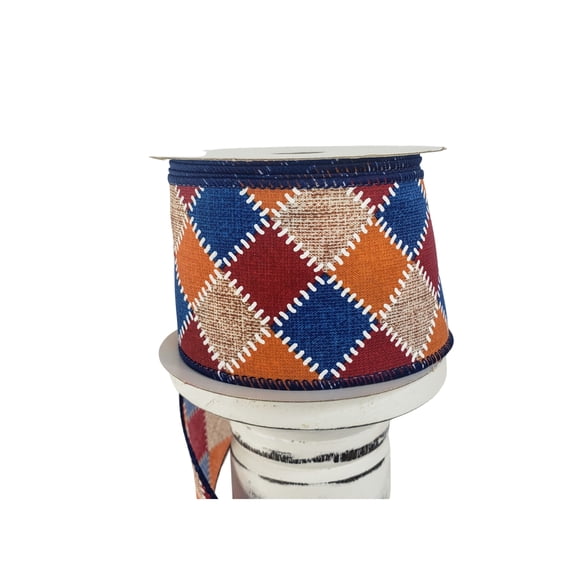 2.5"x10YD Fall Stitch Check Wired Ribbon - Burgundy/Blue/Orange/Natural - Rustic Charm for Autumn Crafts and Decor-(61101-40-25)