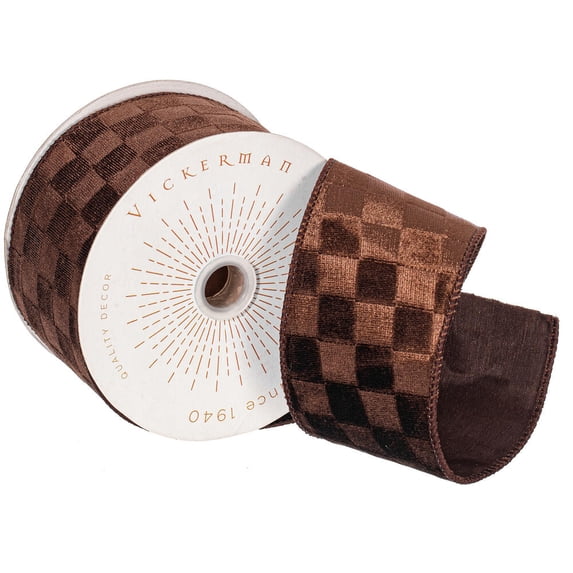 2.5"x10yd Brown Velvet Checkered Satin