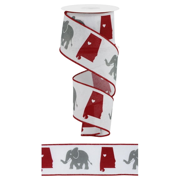 2.5"x10yd Crimson Alabama with Grey Elephant on White wired edge ribbon, Roll Tide, Sports ribbon