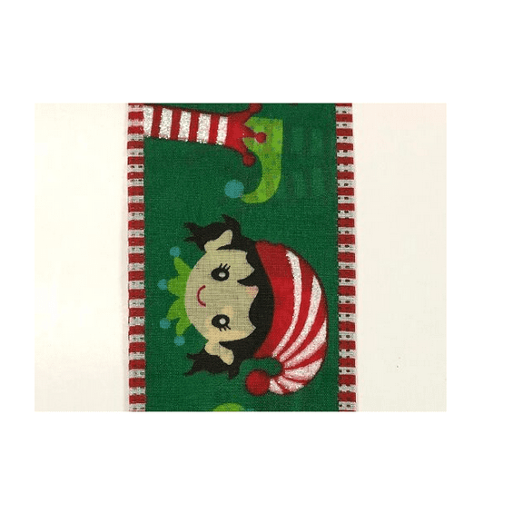 2.5"x10yd Elf Faces and Legs with Red and White Striped Edge Wired Christmas RibbonTR99140-17