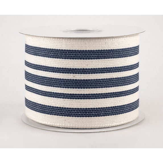2.5"x10yd French Style Denim Blue on Cream Wired Edge Ticking Ribbon-Vertical StripeRJ17140-27