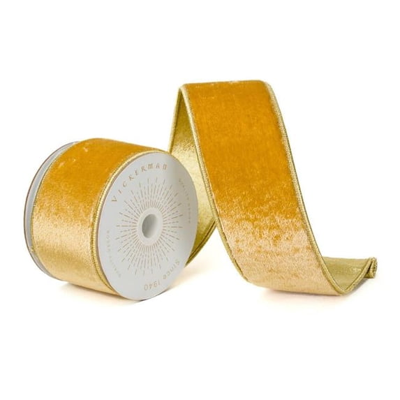 Vickerman QK241320 2.5 in. x 10 Yards Gold Shiny Velvet Gold Trim Wired Ribbon