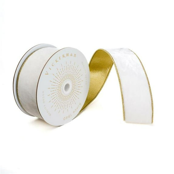 Vickerman QK241340 2.5 in. x 10 Yards Ivory Velvet Gold Trim & Backing Wired Ribbon