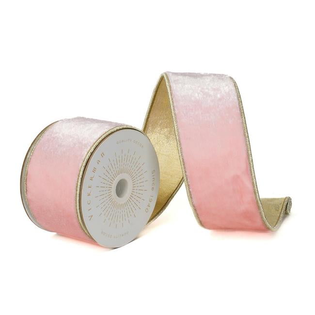 Vickerman QK241115 2.5 in. x 10 Yards Light Pink Shiny Velvet Gold Wired Ribbon