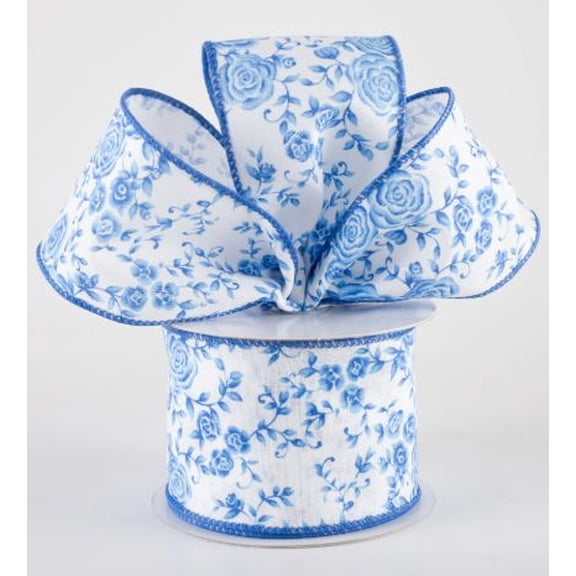 2.5"x10yd Ombre Blue Roses on White Wired Edge Ribbon, Cobalt blue