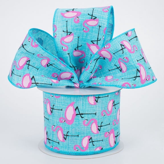 2.5"x10yd Pink Flamingo on Teal Wired Edge RibbonTR85540-39
