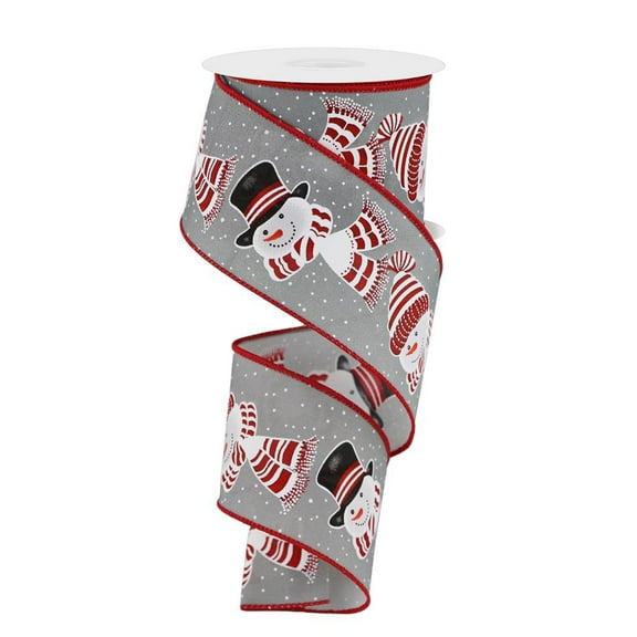 2.5"x10yd Snowmen Head Ribbon with Scarfs, Light Grey background, Wired Red EdgeRGE198010