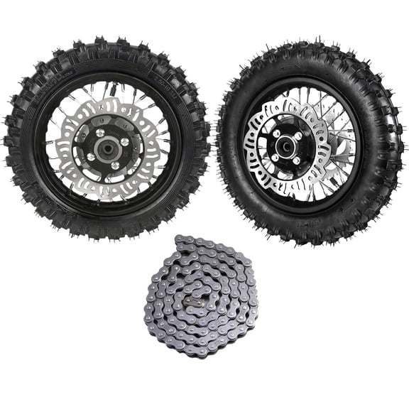2.50-10 Dirt Bike Wheel 10" 3.00-10 Tire Rim with Disc Brake Rotor Front and Rear Wheel Assembly, 420 108 Links Chain for CRF50 XR50 Apollo Scooter Mini Pocket Pit Bike Off-Road Motorcycle 50cc-125cc