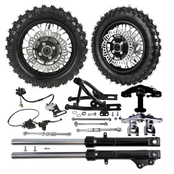 2.50-10 Front Wheel and 3.00-10 Rear Wheel with Swing Arm Swingarm Brake Caliper Assembly 520mm Front Fork Triple Tree Clamp Axle for Pit Dirt Bike Mini Bike Offroad Motorcycle Taotao Razor Scooter