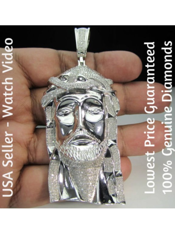 2.25 CARAT MENS STERLING SILVER 3.50" DIAMOND JESUS FACE HEAD CROSS CHARM PENDANT