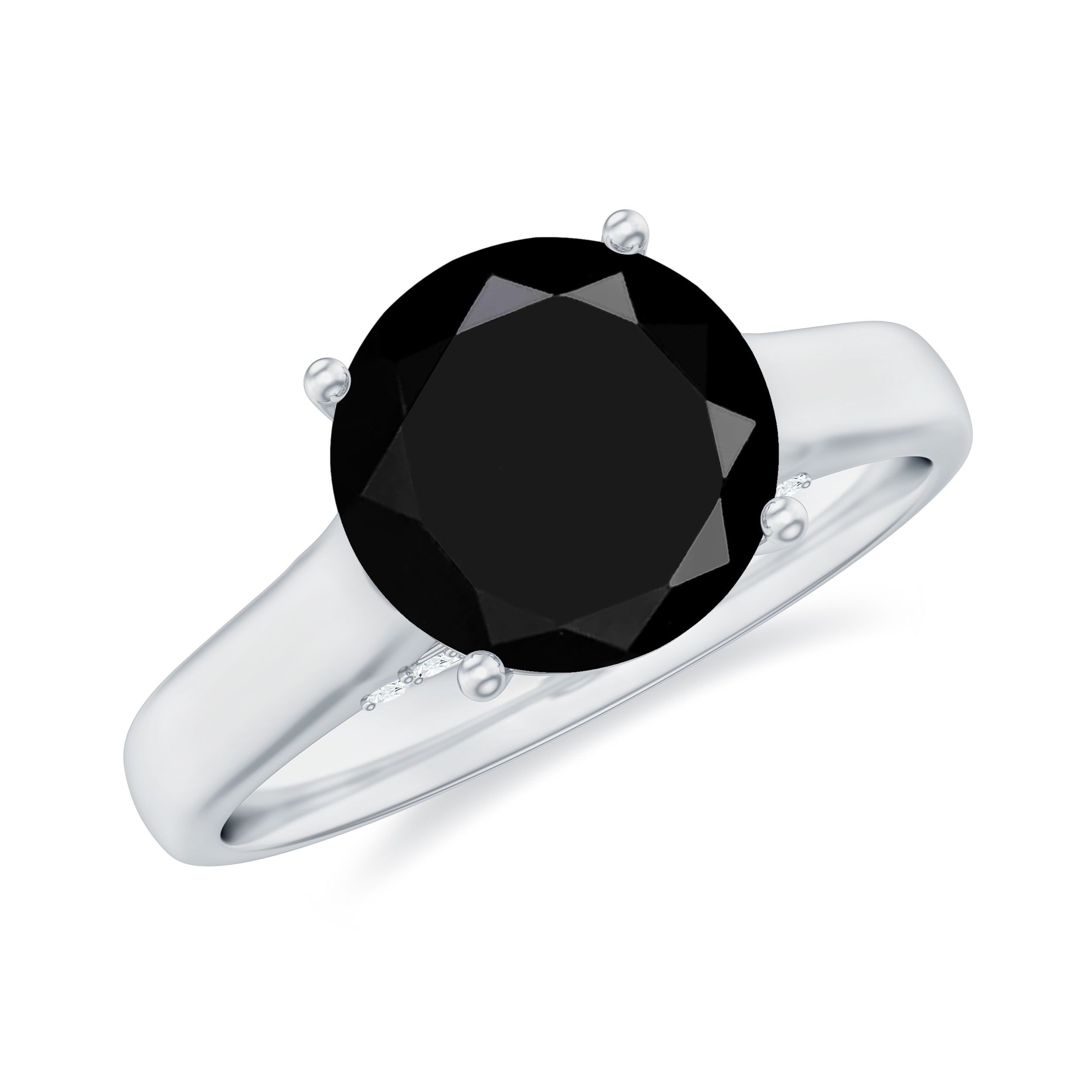 2.50 ct Black Onyx and Diamond Ring, Black Onyx Solitaire Ring with Diamond Bridge Accent, Black Onyx Engagement Ring (8 mm Round Shape Black Onyx)
