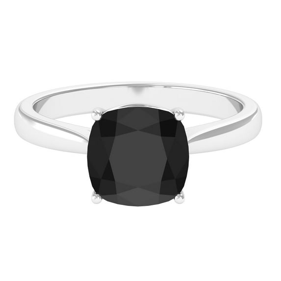 Rosec Jewels 8 mm Cushion Cut Black Spinel Solitaire Ring with Surprise Diamond - AAA Quality August Birthstone - Valentines Ring, 14K White Gold, US 10.00