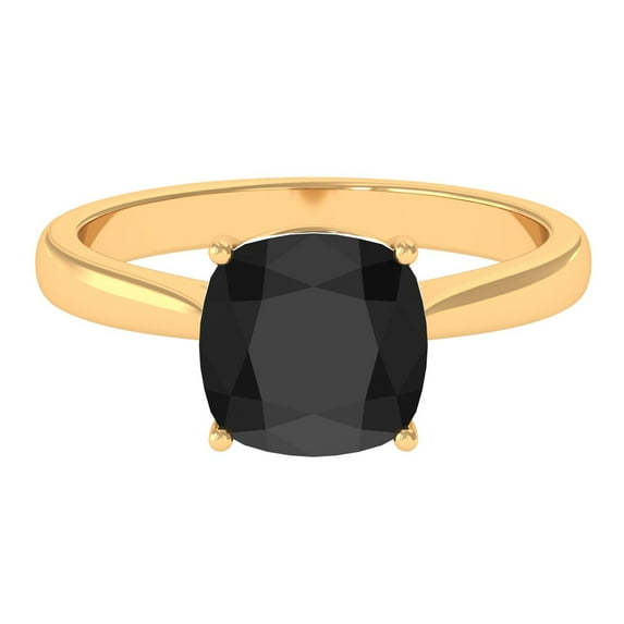 Rosec Jewels 8 mm Cushion Cut Black Spinel Solitaire Ring with Surprise Diamond - AAA Quality August Birthstone - Valentines Ring, 14K Yellow Gold, US 5.00