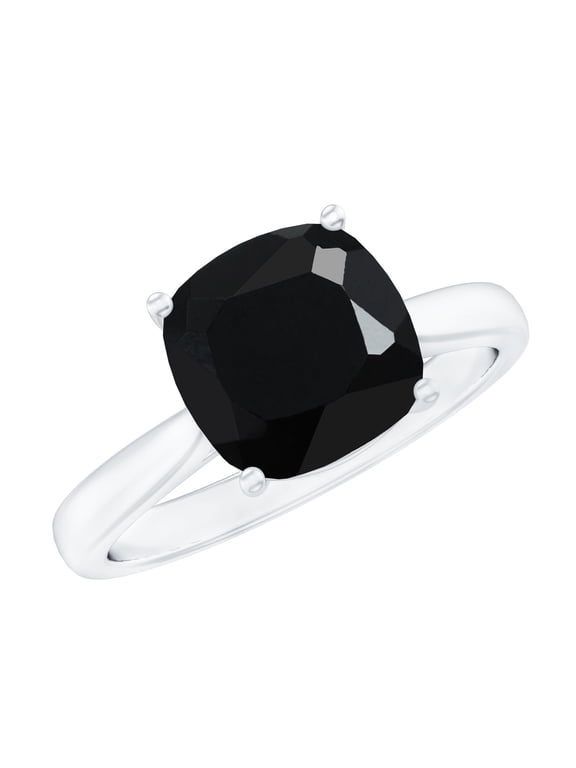 Cushion Cut Black Spinel Solitaire Ring with Surprise Diamond - 2 Ct - AAA Quality August Birthstone, 925 Sterling Silver, US 4.00