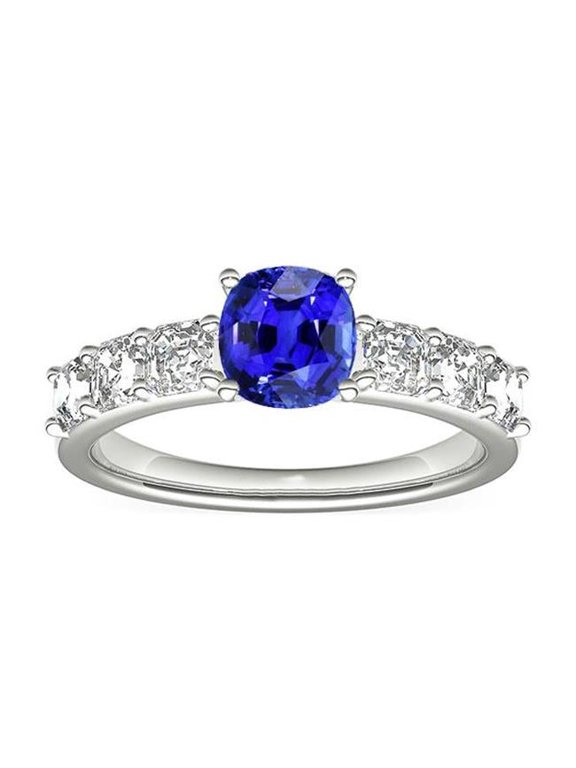 2.50 CT Diamond Anniversary Cushion Ceylon Sapphire Ring, Size 6.5