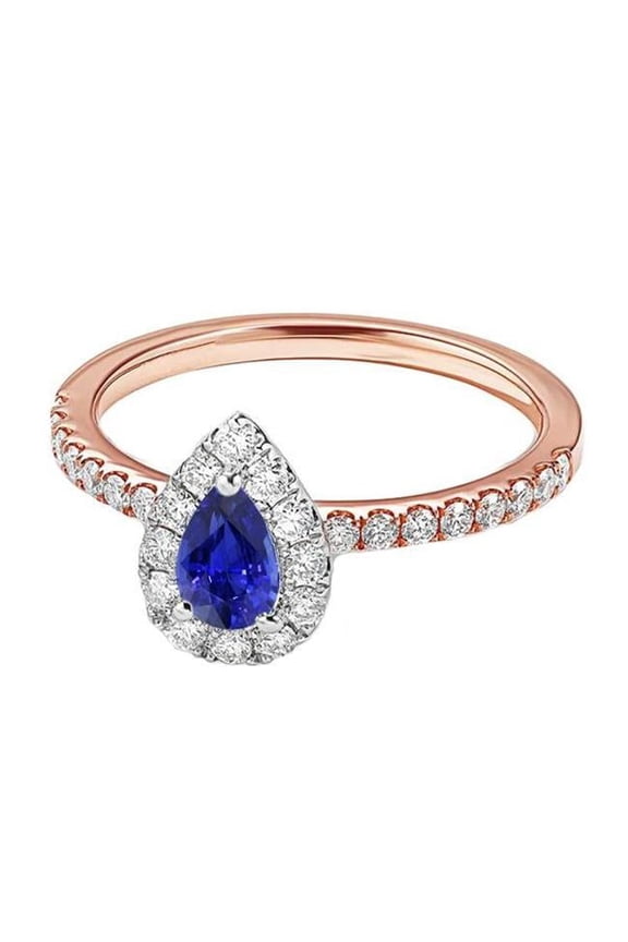 2.50 CT Halo Pave Set Two Tone Gold Ceylon Sapphire Diamond Ring, Size 6.5