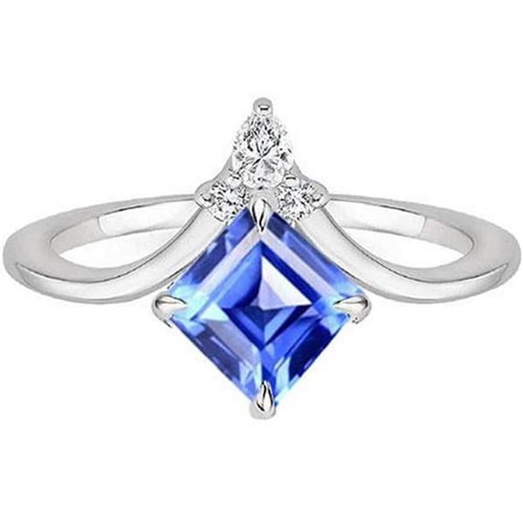 2.50 CT Round Diamond Enhancer Asscher Ceylon Sapphire Gold Ring, Size 6.5