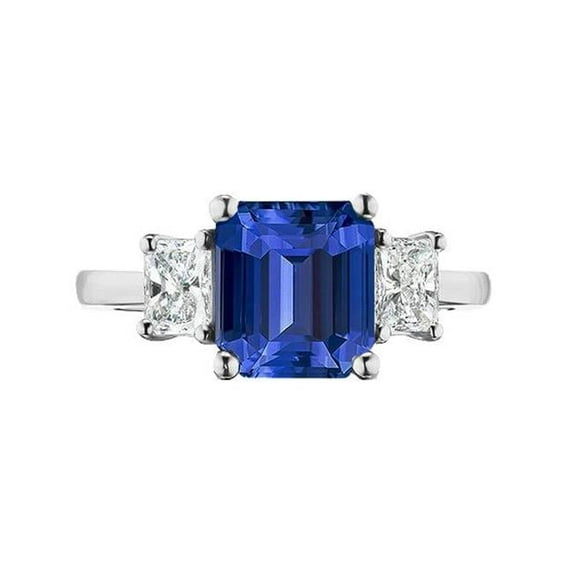 2.50 CT Three Stone Princess Diamond & Emerald Blue Sapphire Ring, Size 6.5
