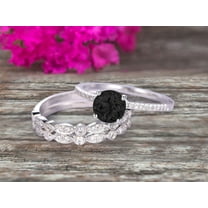 2.50 Carat 3Pcs Wedding Ring Set Black Diamond Moissanite Engagement Ring Round Cut Art Deco 10K White Gold, Promise Ring, Anniversary Ring