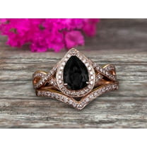 2.50 Carat 8x5mm Pear Shape Black Diamond Moissanite Ring Set On 10k Rose Gold Halo Bridal Ring Promise Ring Twisted Across Design Halo Milgrain Art Deco