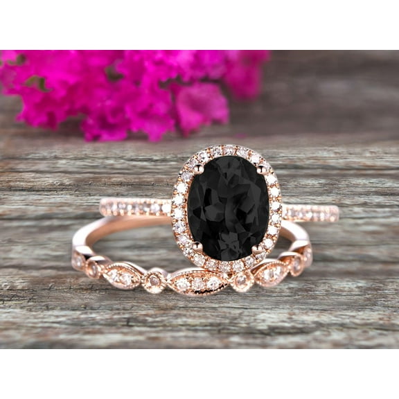 2.50 Carat Black Diamond Moissanite Wedding Set Engagement Ring Oval Shaped Art Deco Bridal Ring On 10k Rose Gold