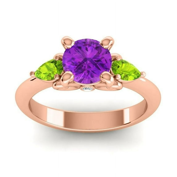 2.50 Carat Fine Round Cut Amethyst & Peridot Gemstone Three Stone Engagement Ring for Fiancee 18K Rose Gold Size 8.5 by Diamond-Capitals